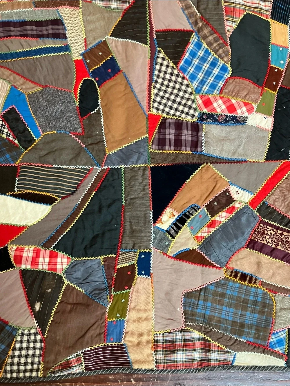 VTG Hand Pieced Embroidered Scrap Crazy 76 x 80 Quilt Farmhouse Primitive